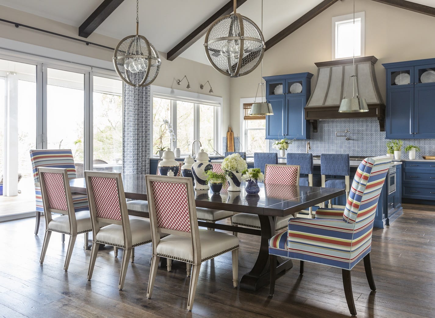 Dining area near a blue kitchen