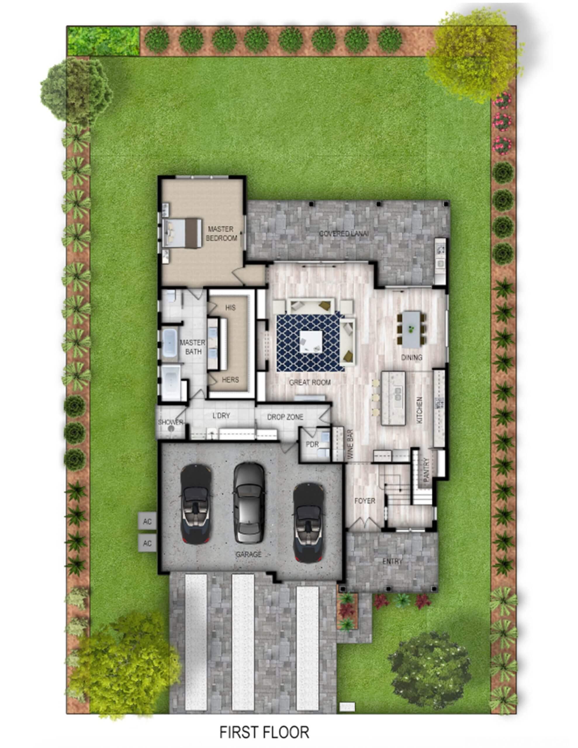 Top-view floor plan of a modern house with garage and garden.