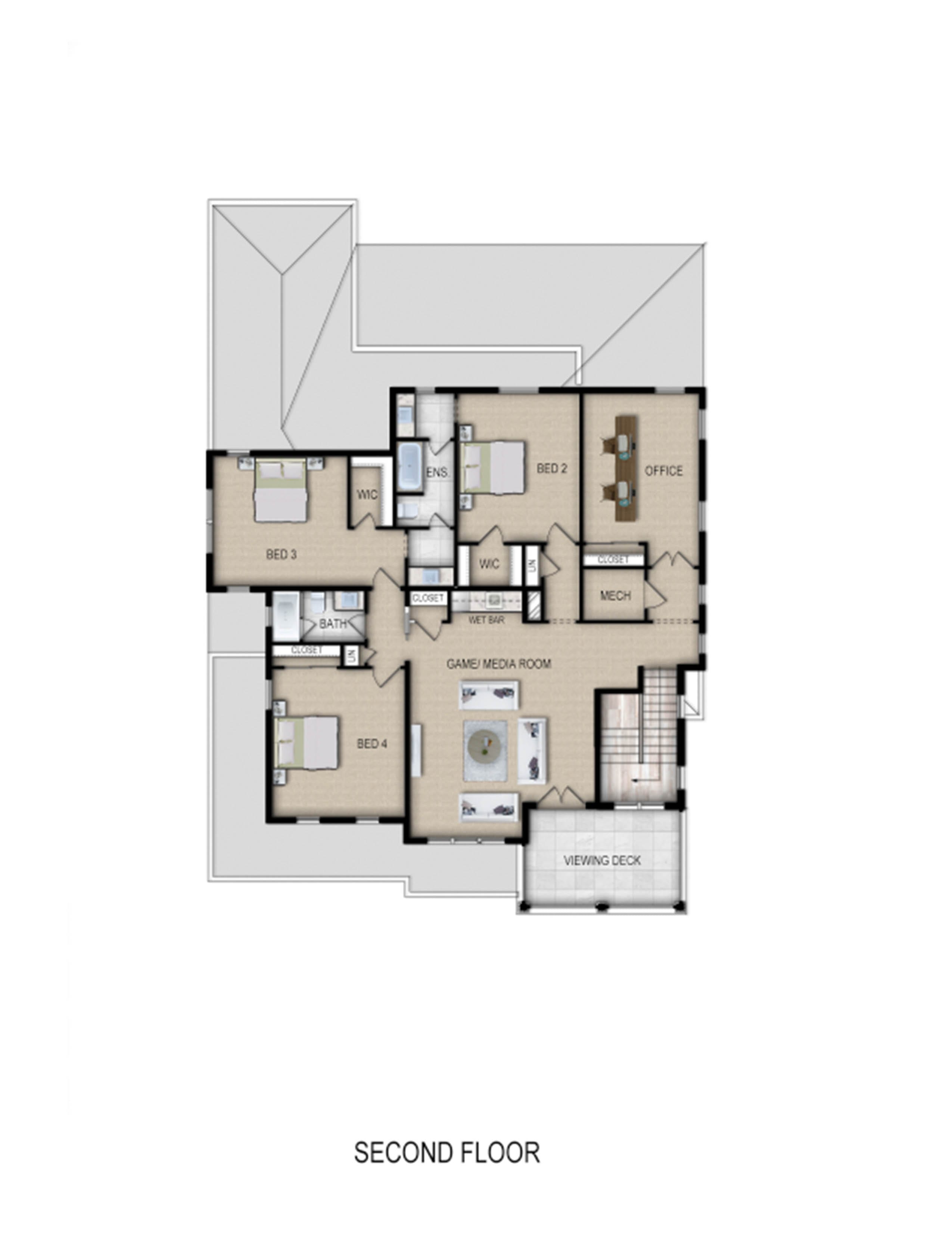 Floor plan of a house with labeled rooms and furniture layout.