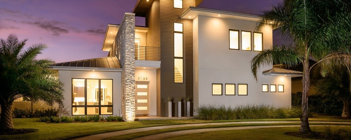 A large residential property with lighting systems