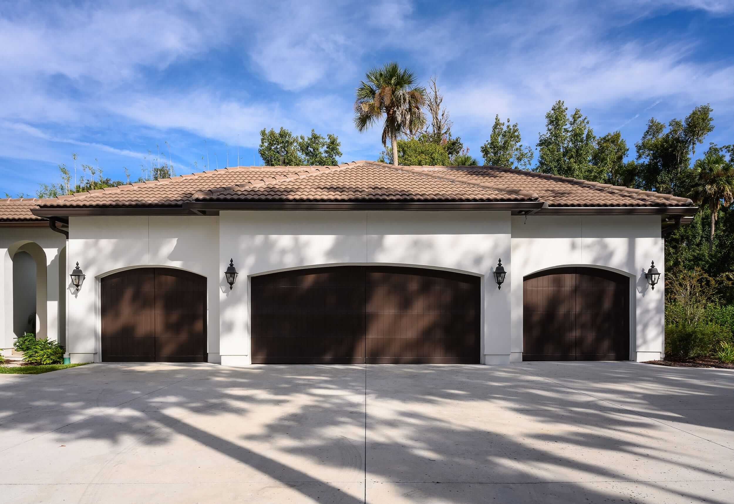 Modern house with three dark wooden garage doors and a palm tree.
